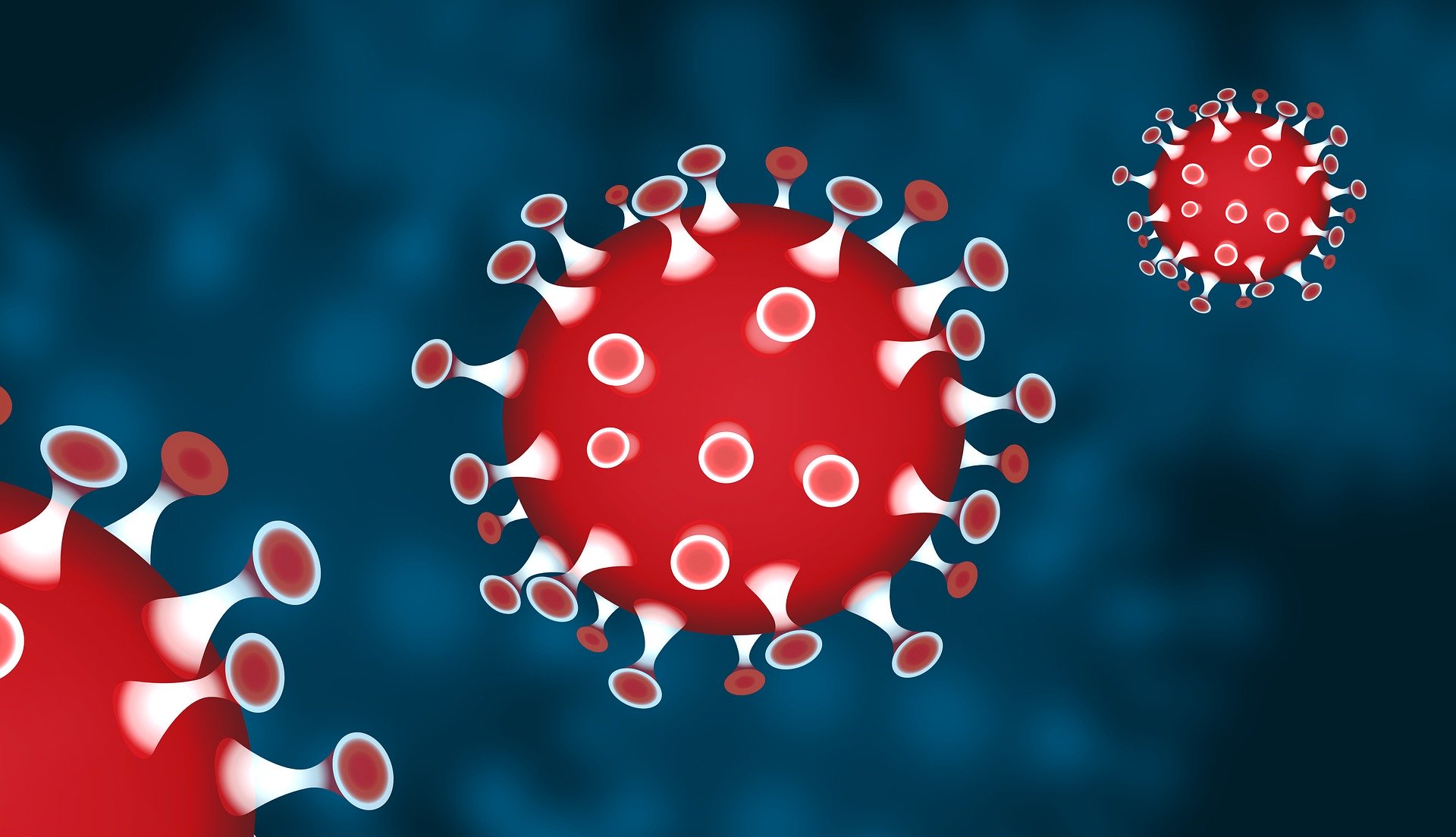 Virus als Piktogramm in rot gezeichnet. Der Hintergrund des Bildes st blau.