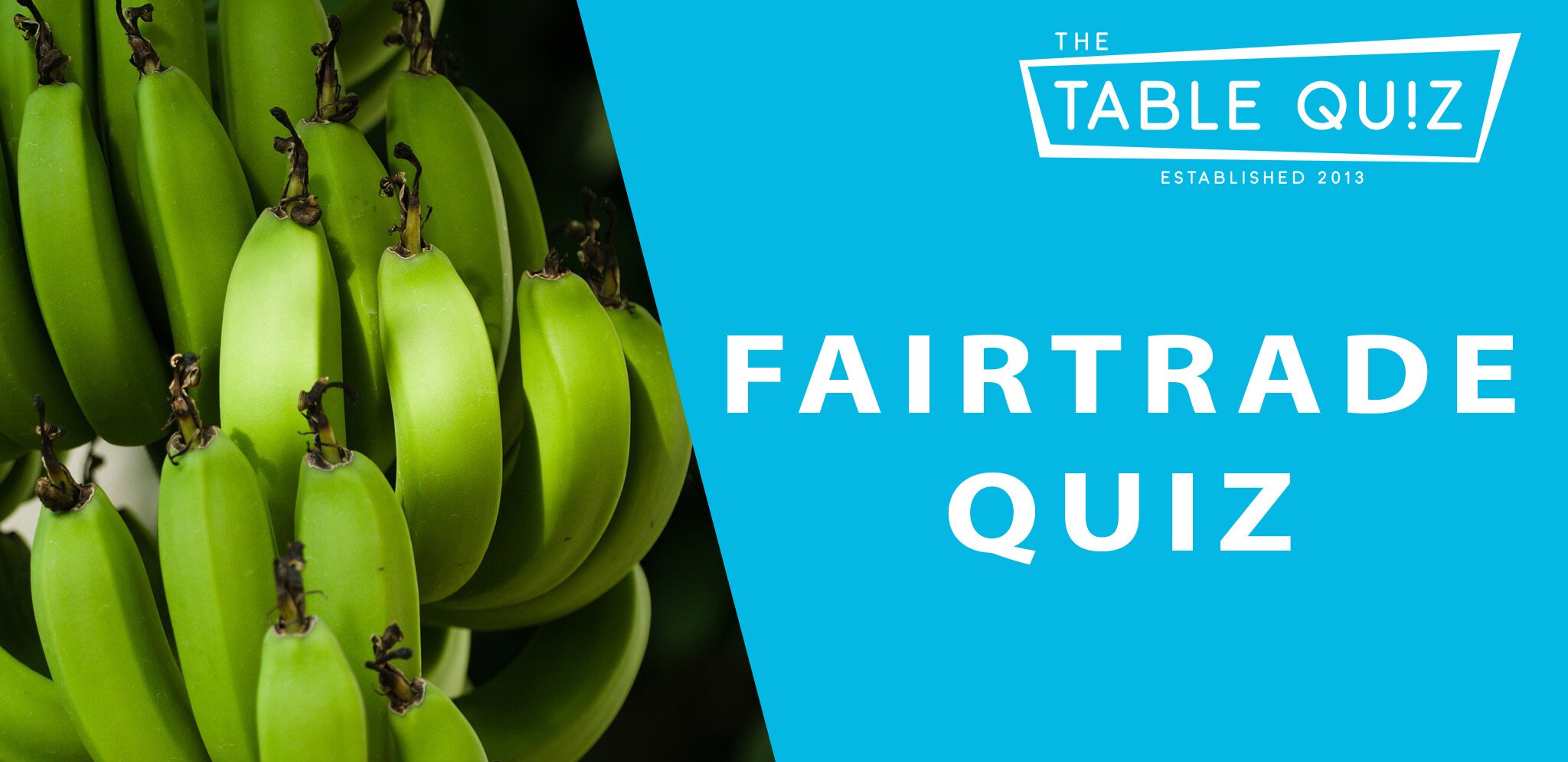Titelbild Fairtrade Quiz Laatzen, Bananenstaude, blauer Hintergrund, Titel