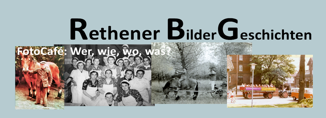 Vier Fotos aus Rethen: Mann mit Pferd, Gruppe von Frauen mit weißen Schürzen und Hauben, ein Mann auf einer Kutsche mit Zügeln in der Hand - ein anderer sitzt auf dem Pferd, Teckeranhänger mit winkenden Kindern im Stadtgebiet