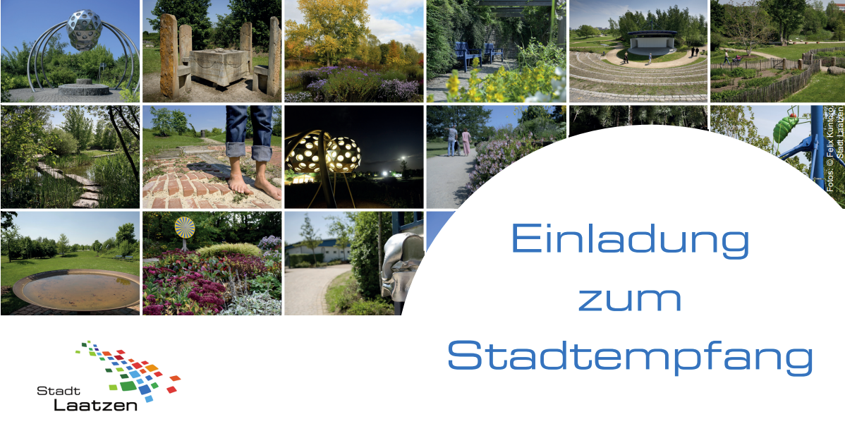 Verschiedene Fotos des Parks der Sinne mit dem Schriftzug "Einladung zum Stadtempfang"
