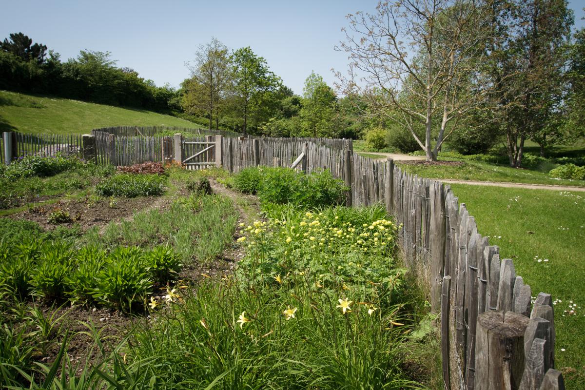 Staudenbeet im Frühling. Erste Pflanzen sind bereits zu sehen. Das ganze Beet ist mit einem Zaun eingefasst.