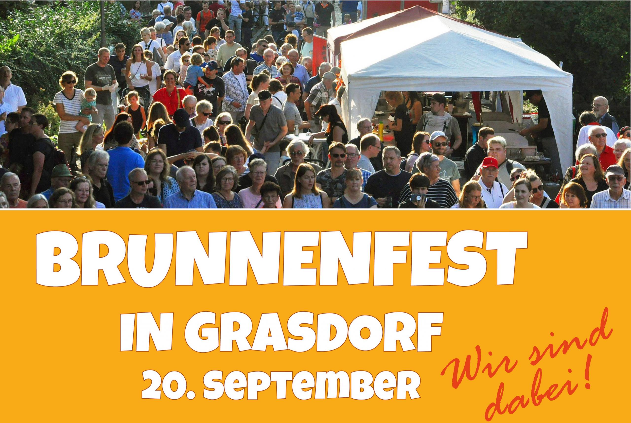 Oben: Blick auf die Kirchstraße mit Menschen; Unten: Banner mit Datum und