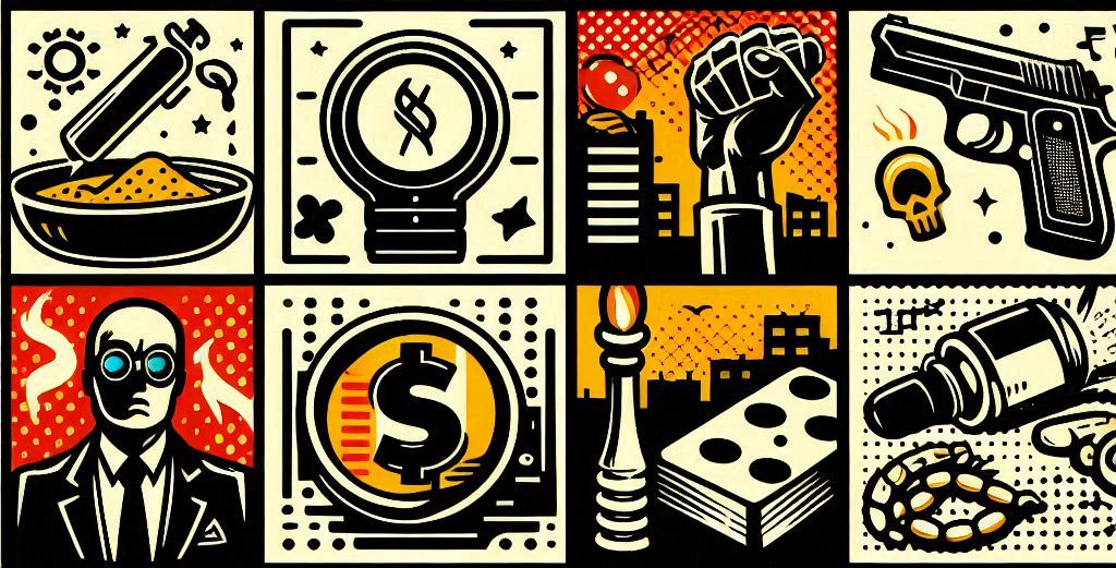 Mehrere kleine gezeichnete Bilder, auf denen z.B. eine Pistole, eine erhobene Faust und das Dollarzeichen zu sehen sind.