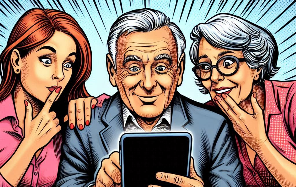 Drei Menschen schauen auf einen E-Book-Reader. Das Bild ist eine Zeichnung.