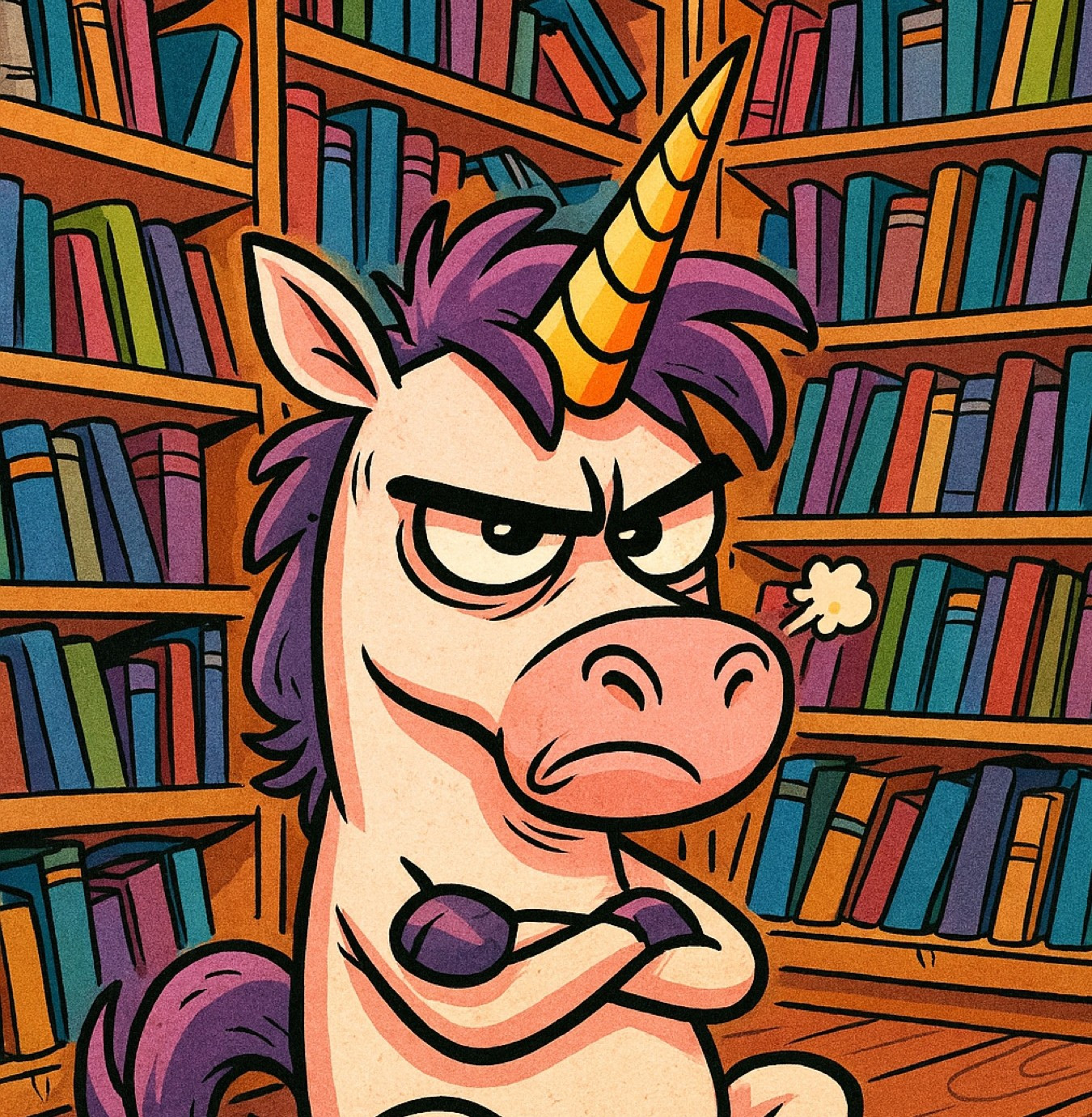 Ein schlecht gelauntes Einhorn sitzt mit verschränkten Armen vor einem Buchregal