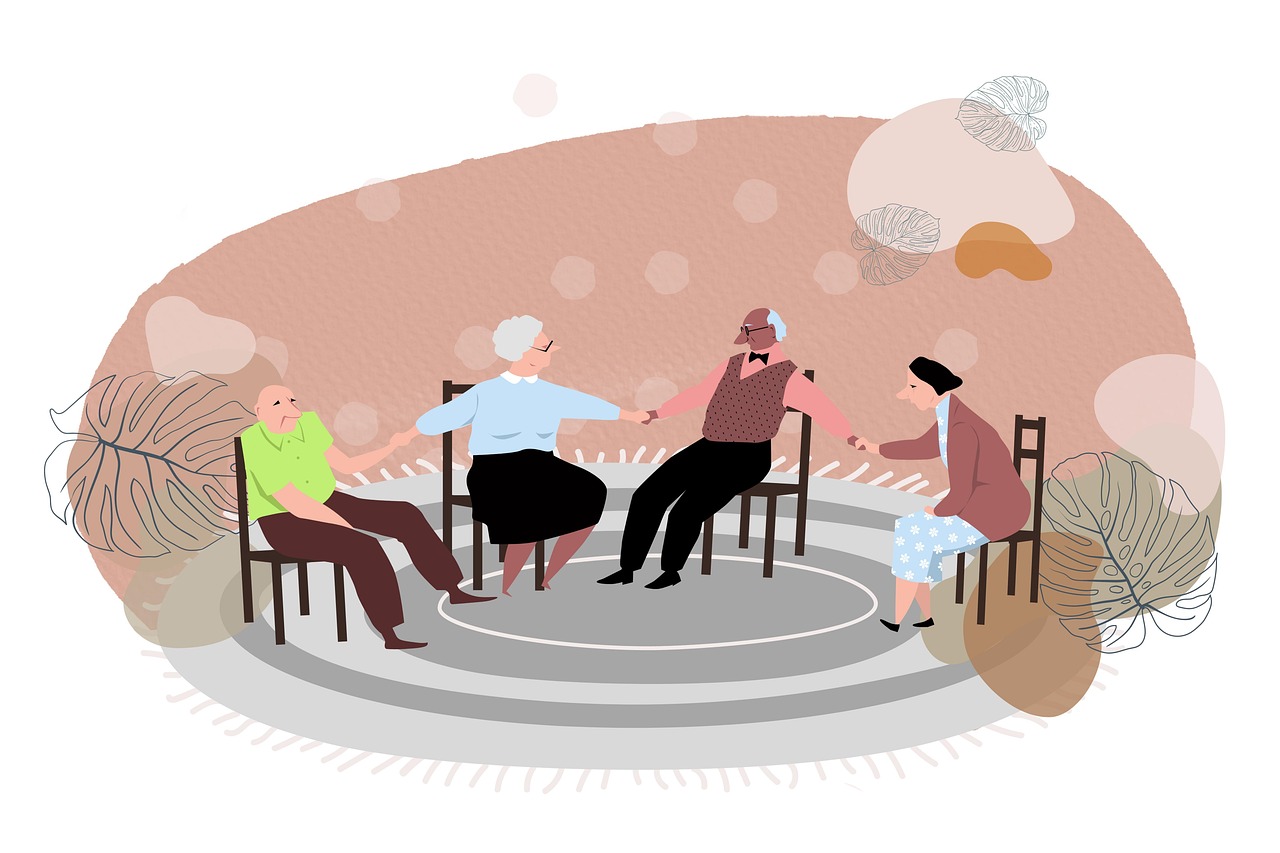 Grafische Darstellung von vier Seniorinnen und Senioren, die auf Stühlen sitzen und sich an den Händen halten.