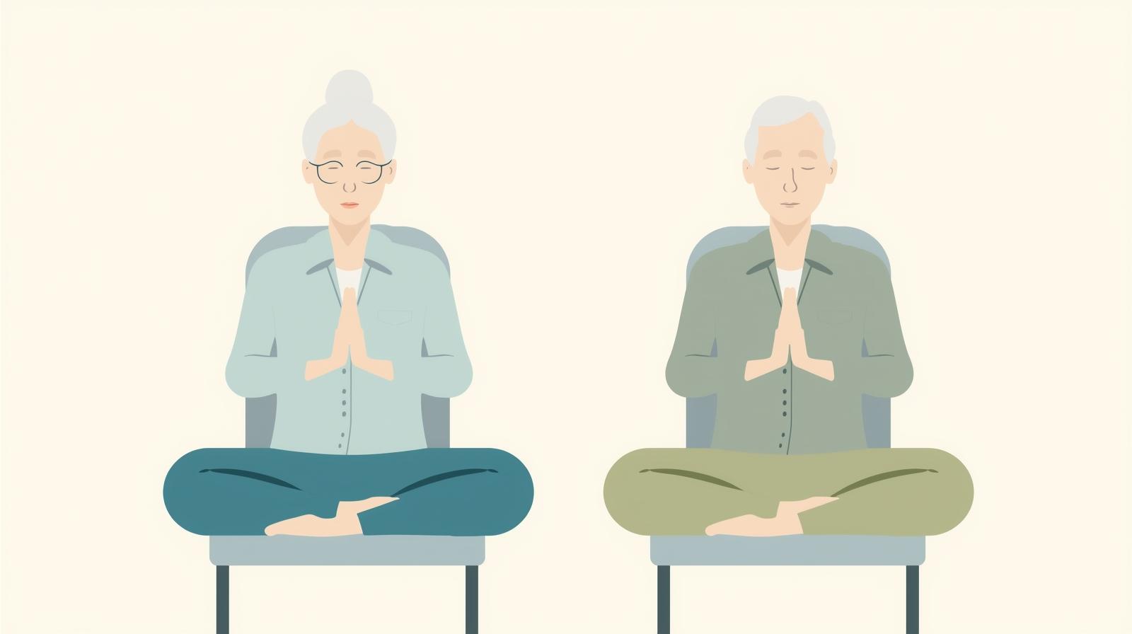 Grafik einer älteren Frau und eines älteren Mannes, die jeweils auf einem Stuhl sitzen und eine Yoga-Pose eingenommen haben.