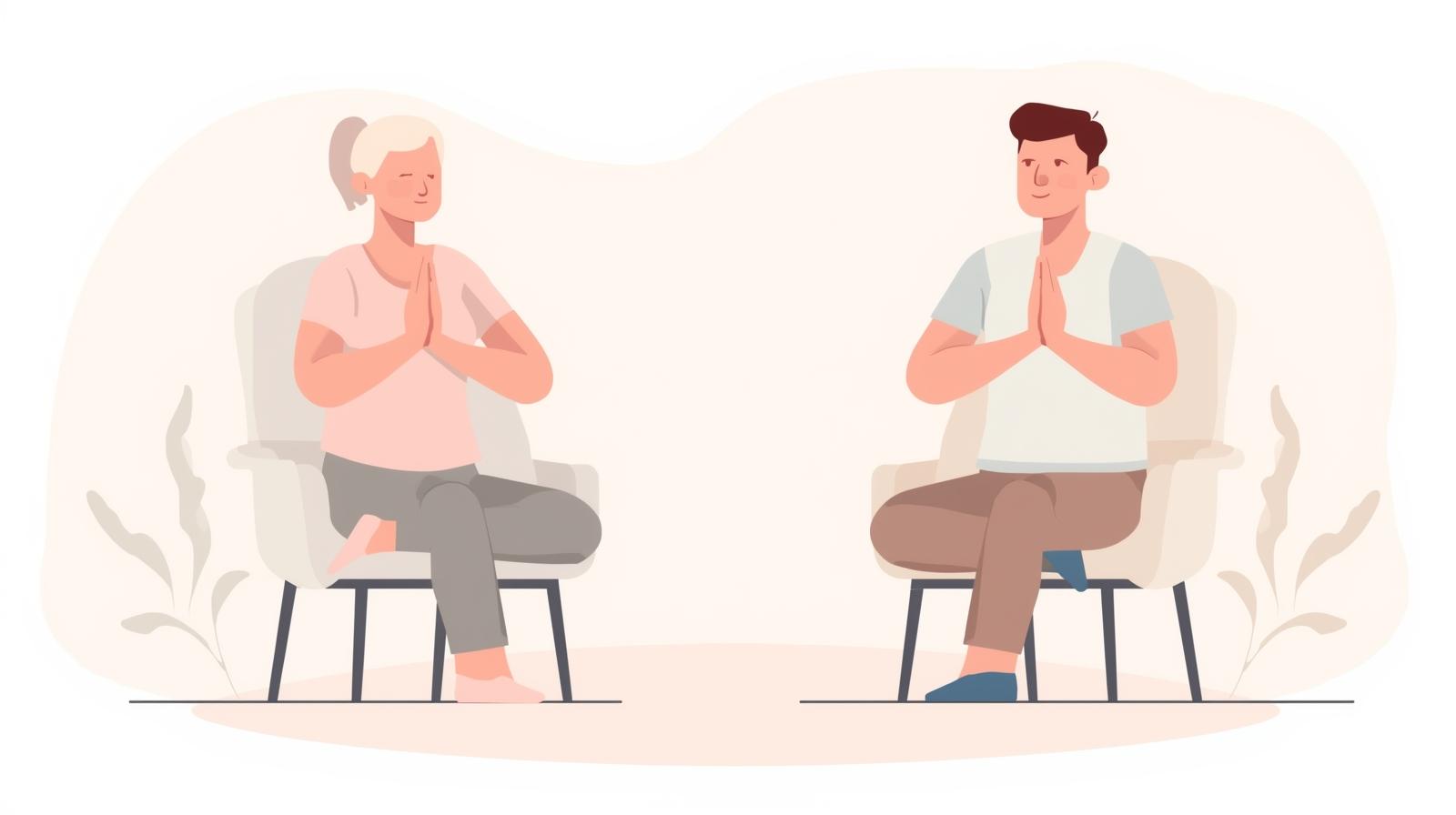 Grafik einer Frau und eines Mannes, die jeweils auf einem Stuhl sitzen und eine Yoga-Pose eingenommen haben.