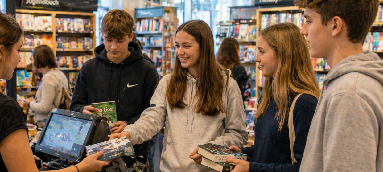 Ein paar Jugendliche kaufen ein Buch in einer Buchhandlung