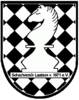 Logo Schachverein Laatzen Schwarz/weiß kariertet Hintergund, davor die Schachfigur Springer und Schriftzug Schachverein Laatzen v. 1971 e.V.