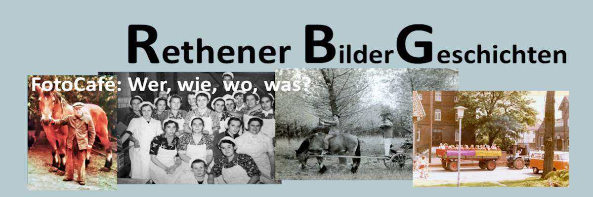 Vier Fotos aus Rethen: Mann mit Pferd, Gruppe von Frauen mit weißen Schürzen und Hauben, ein Mann auf einer Kutsche mit Zügeln in der Hand - ein anderer sitzt auf dem Pferd, Teckeranhänger mit winkenden Kindern im Stadtgebiet