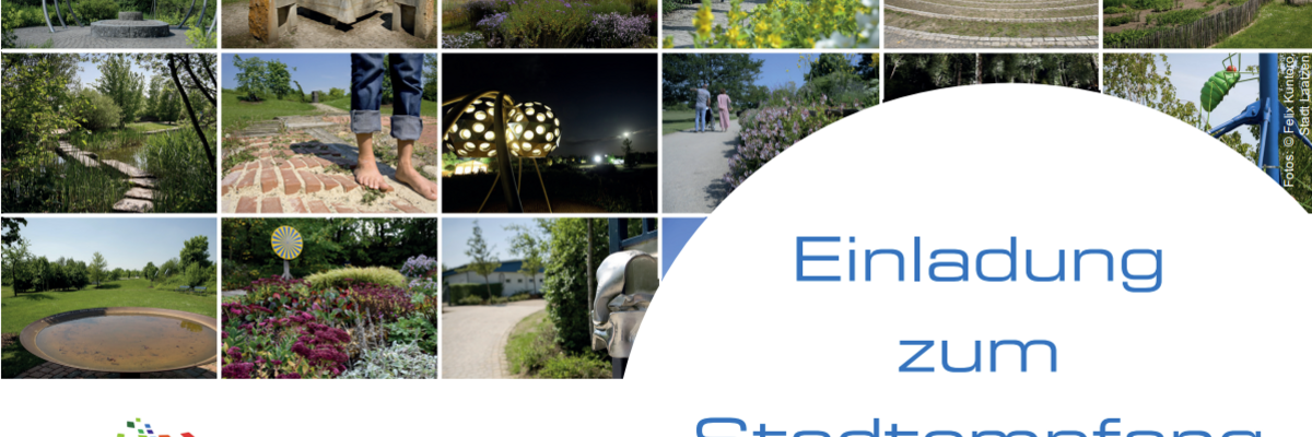 Verschiedene Fotos des Parks der Sinne mit dem Schriftzug "Einladung zum Stadtempfang"