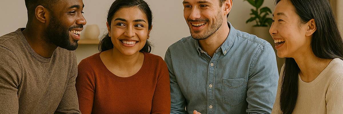 Vier Menschen unterhalten sich an einem Tisch