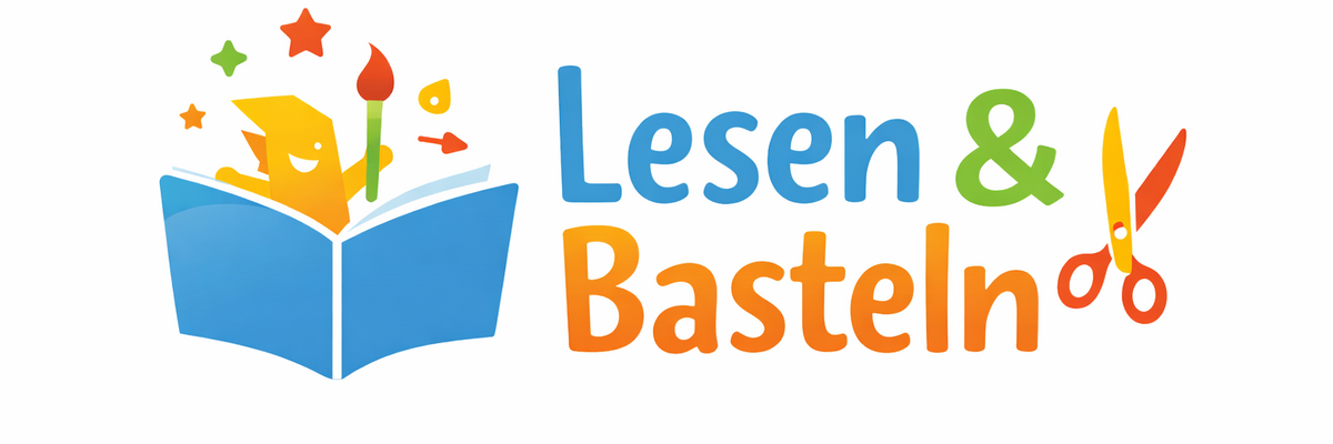 Der Schriftzug Lesen und Basteln, mit einem Buch und einer Schere
