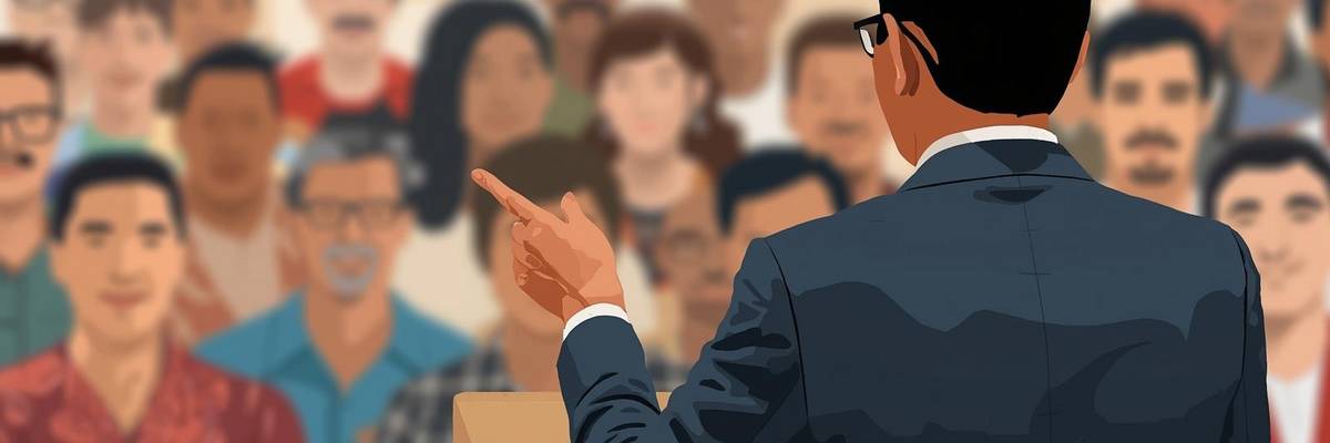 Grafik eines Mannes, der vor einer Personengruppe einen Vortag hält