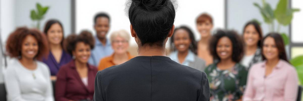 Grafik einer Frau, der vor einer Personengruppe einen Vortag hält
