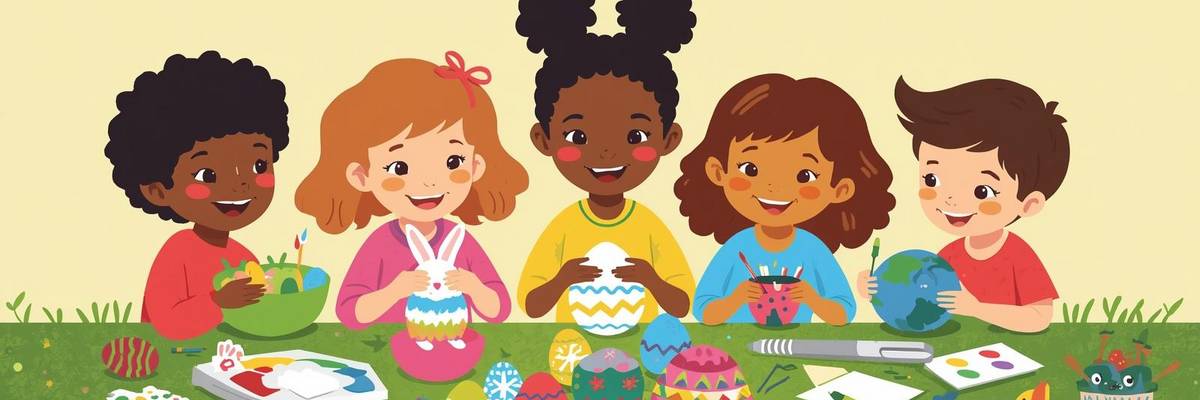 Grafik von einer Kindergruppe, die Osterpräsente basteln.