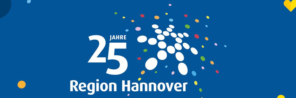 blauer Hintergrund, davor in weißer Schrift in Zeilen versetzt "25 Jahre Region Hannover", dazu das Logo der Region bestehtnd aus Punkten welche in einem Kreis angeordnet sind, davon gehen weitere Punkte nach außen ab.