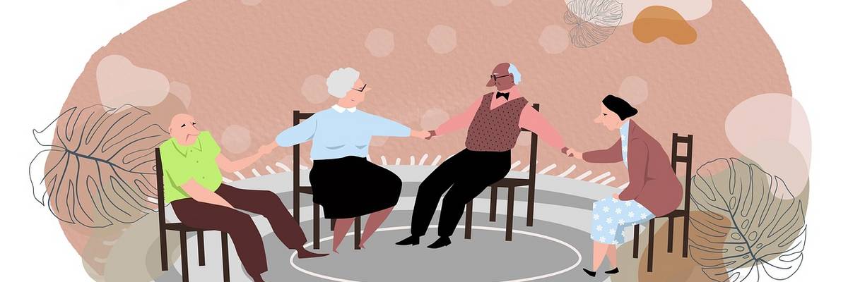 Grafische Darstellung von vier Seniorinnen und Senioren, die auf Stühlen sitzen und sich an den Händen halten.