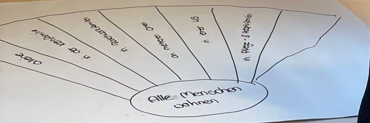 Auf einem Tisch liegt ein Vielfaltsfächer. Die päd. Fachkräfte schreiben mit einem Stift in den Fächer rein.