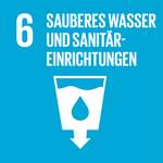 Visualisierung des Ziel 6: "Sauberes Wasser und Sanitäreinrichtungen". Piktogramm eines Wassergefäßes auf blauem Grund