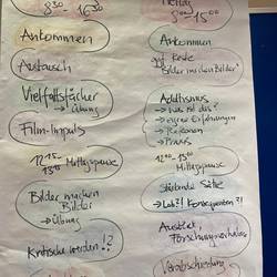 Auf einer Flipchart stehen die beiden Tagesabläufe von den Schulungstagen.