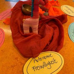 In der Mitte des Stuhlkreises liegen Tücher und auf Metaplankarten Begriffe. Auf dem Foto sieht man die Begriffe Autonomie und Freiwilligkeit.