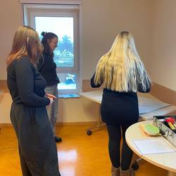 3 Fachkräfte arbeiten stehend an ihrem Arbeitsblatt- Vielfaltsfächer.