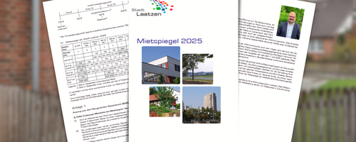 Grafik mit drei Einzelseiten des Mietspiegels vor einem Gebäude.