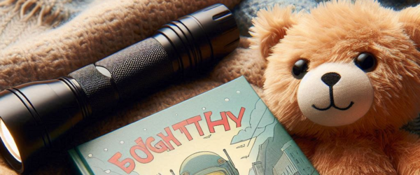Ein Foto von einem Teddybären mit einer Taschenlampe und einem Buch.