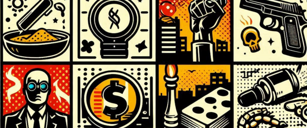 Mehrere kleine gezeichnete Bilder, auf denen z.B. eine Pistole, eine erhobene Faust und das Dollarzeichen zu sehen sind.