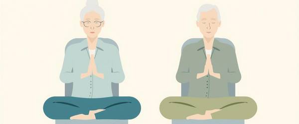 Grafik einer älteren Frau und eines älteren Mannes, die jeweils auf einem Stuhl sitzen und eine Yoga-Pose eingenommen haben.