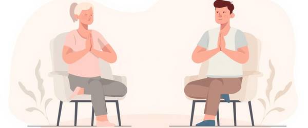 Grafik einer Frau und eines Mannes, die jeweils auf einem Stuhl sitzen und eine Yoga-Pose eingenommen haben.