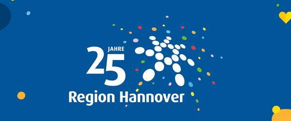 blauer Hintergrund, davor in weißer Schrift in Zeilen versetzt "25 Jahre Region Hannover", dazu das Logo der Region bestehtnd aus Punkten welche in einem Kreis angeordnet sind, davon gehen weitere Punkte nach außen ab.