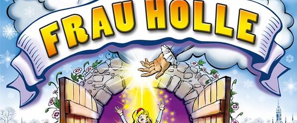 Illustration zum Märchen Frau Holle mit winterlicher Szenerie: Eine junge Frau tritt strahlend aus einem geöffneten Tor, während über ihr die Figur von Frau Holle erscheint und Schneeflocken herabfallen.