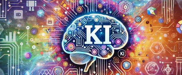 stilisiertes Gehirn mit dem Schriftzug KI auf buntem Hintergrund, der Vernetzung symbolisch zeigt