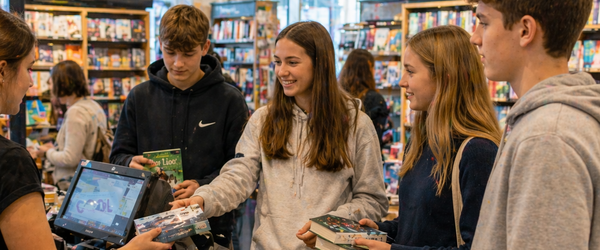 Ein paar Jugendliche kaufen ein Buch in einer Buchhandlung