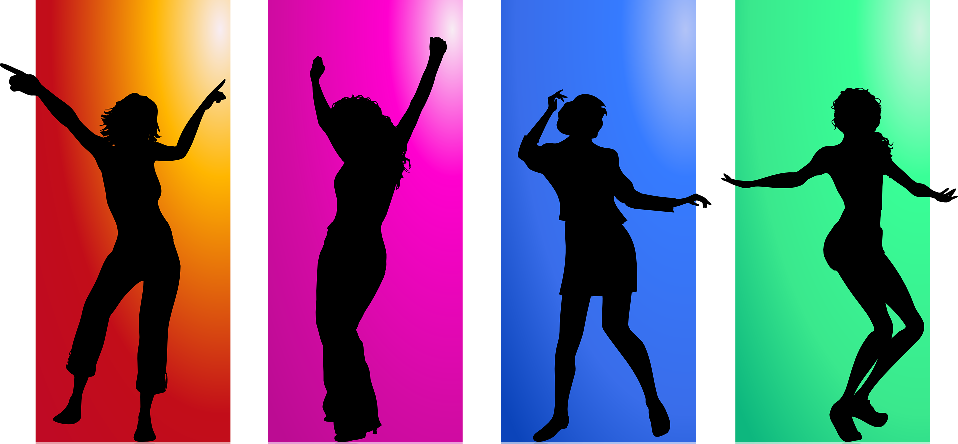 Vier tanzende Silhouetten vor farbigem Hintergrund