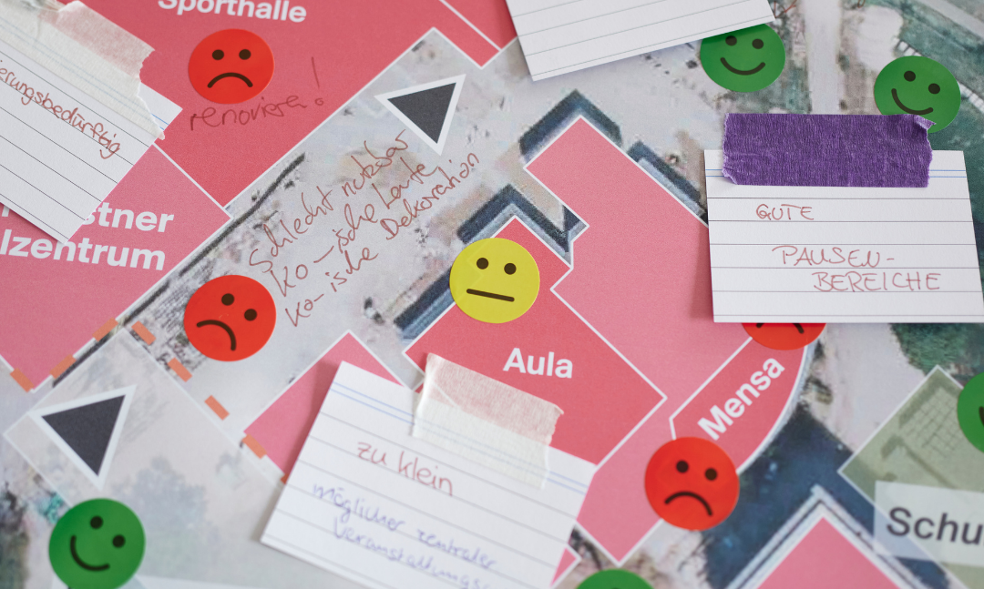 Notizzettel auf einem Plan.