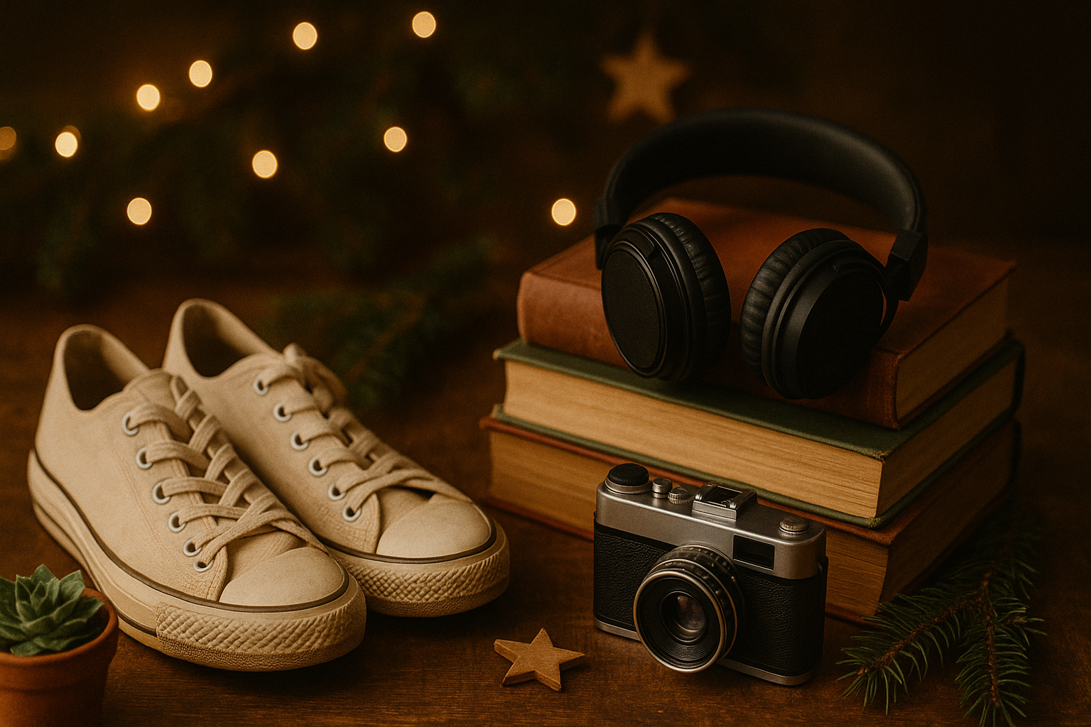 Sneaker, Bücher, Kopfhörer und eine Kamera auf einem Holztisch, dahinter warme Lichter und etwas Tannengrün.