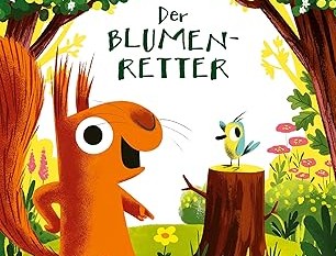 Ein Vogel auf einem Baumstamm steht einem Eichhörnchen gegenüber