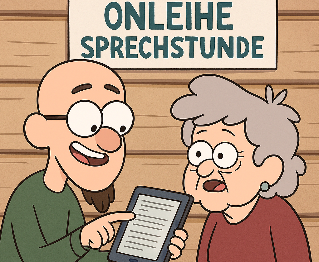 Ein Mann zeigt einer älteren Dame einen E-Reader