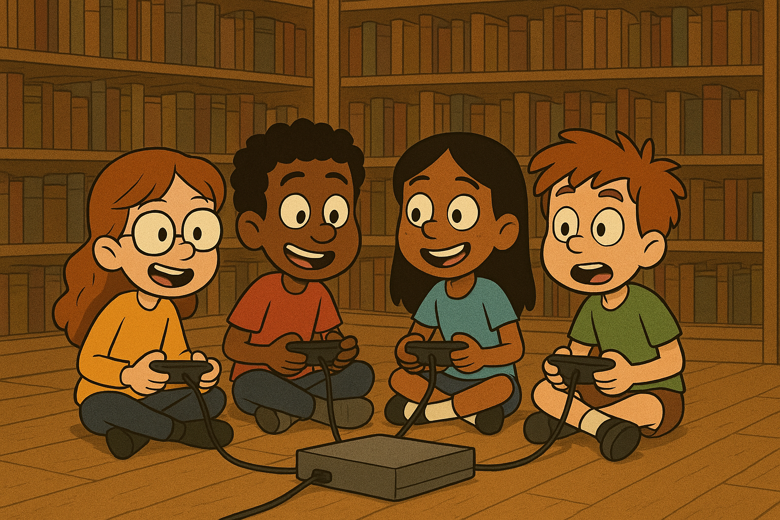 Vier Kinder sitzen um eine Spielkonsole herum