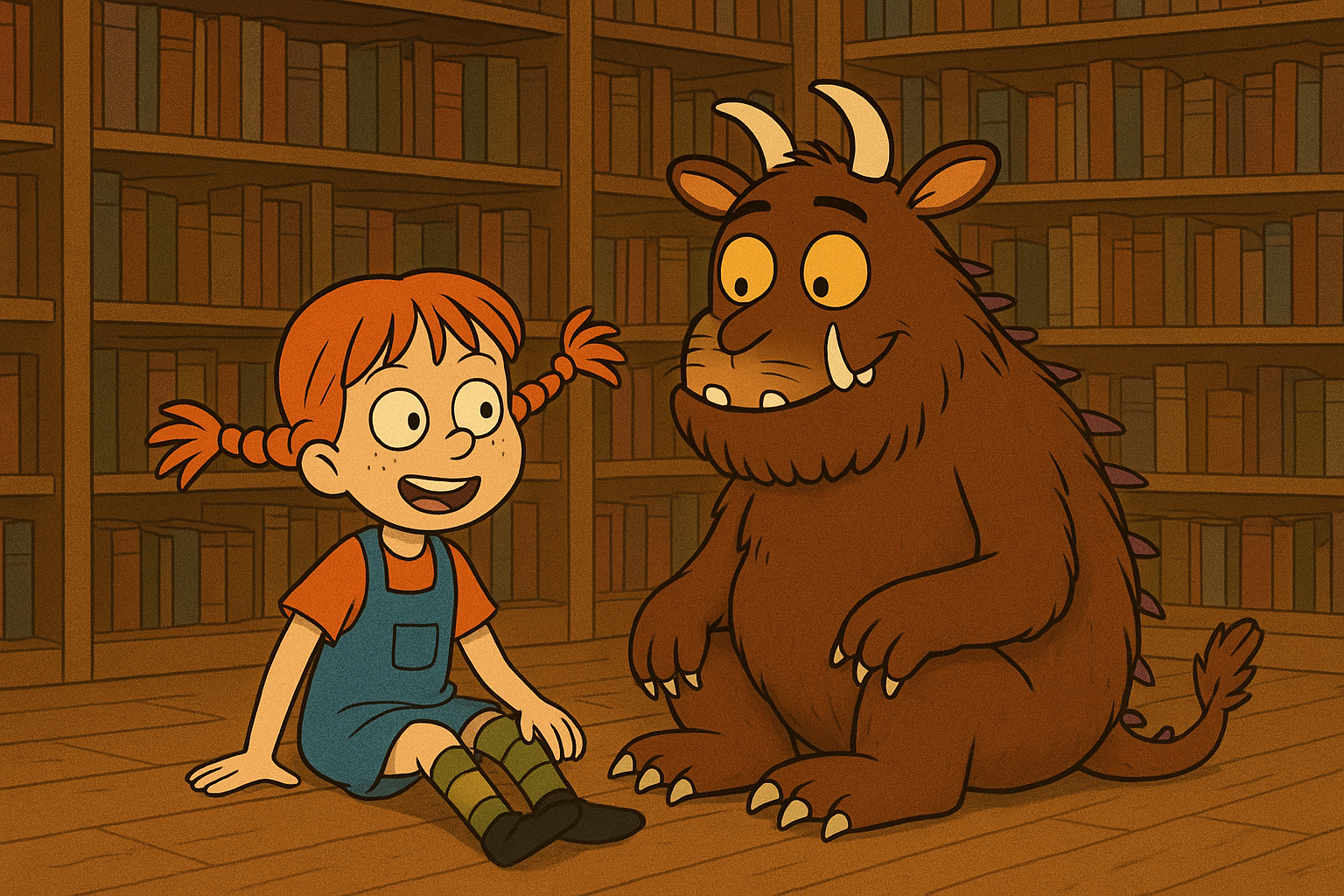 Pippi Langstrumpf sitzt neben dem Grüffelo vor einem Bücherregal