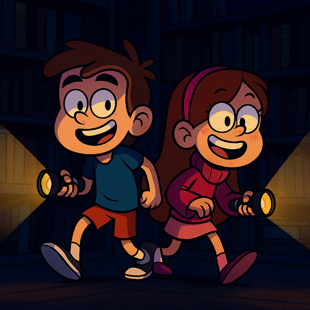 Zwei Kinder mit Taschenlampen im Dunkeln