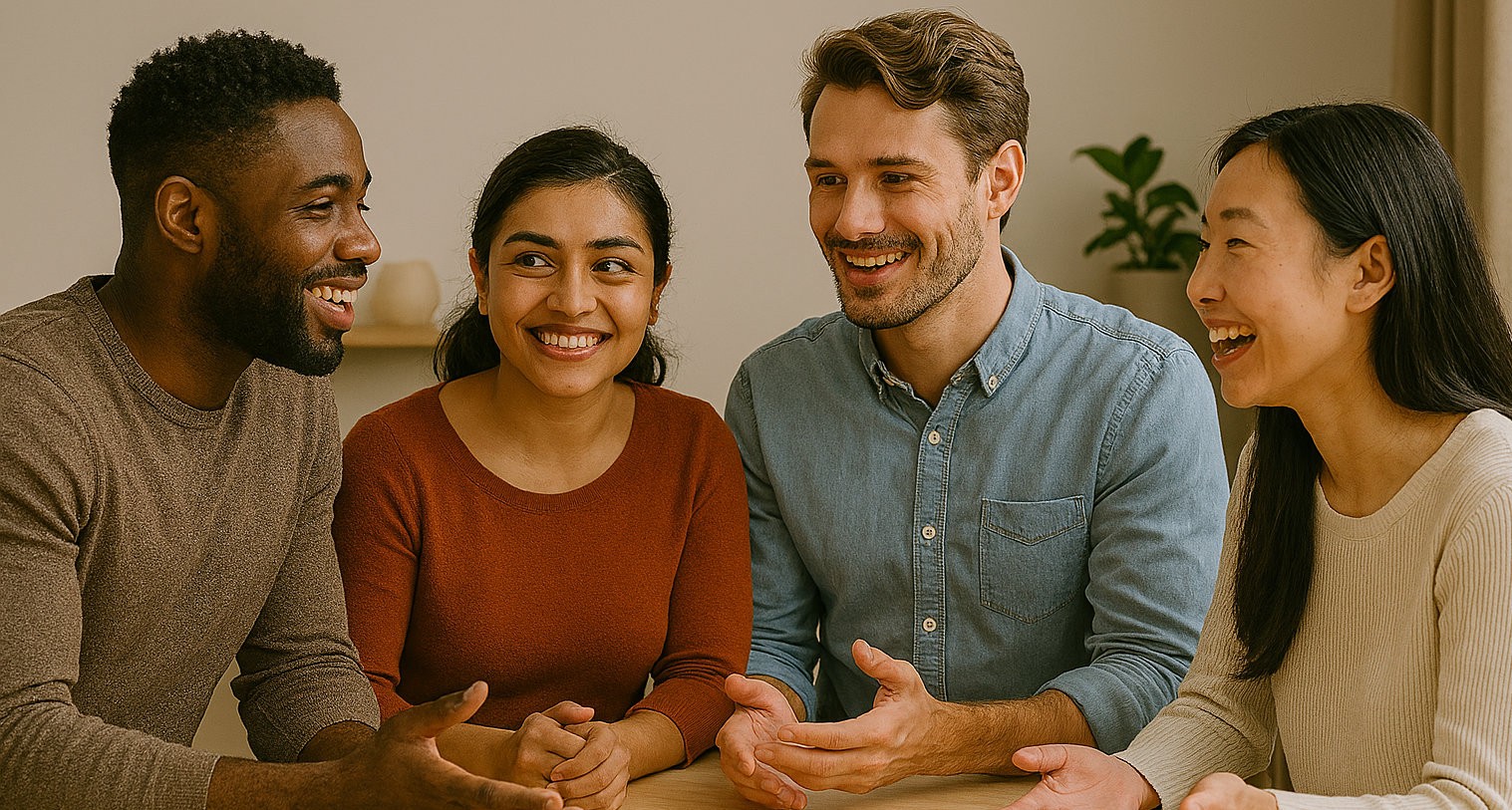Vier Menschen unterhalten sich an einem Tisch