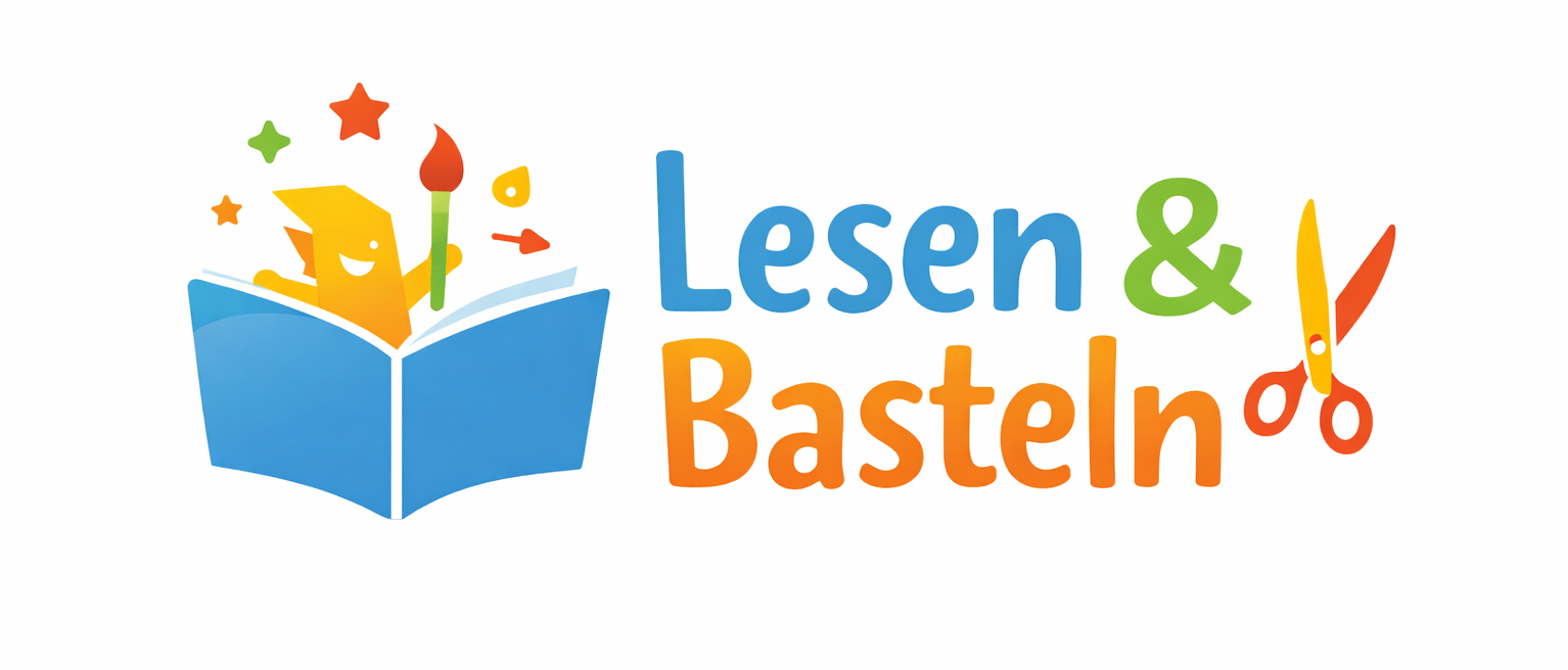 Der Schriftzug Lesen und Basteln, mit einem Buch und einer Schere