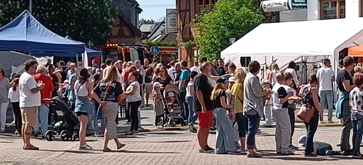 Blick auf das Dorffest mit Besuchenden und Ständen