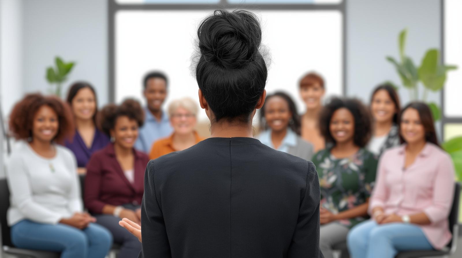 Grafik einer Frau, der vor einer Personengruppe einen Vortag hält