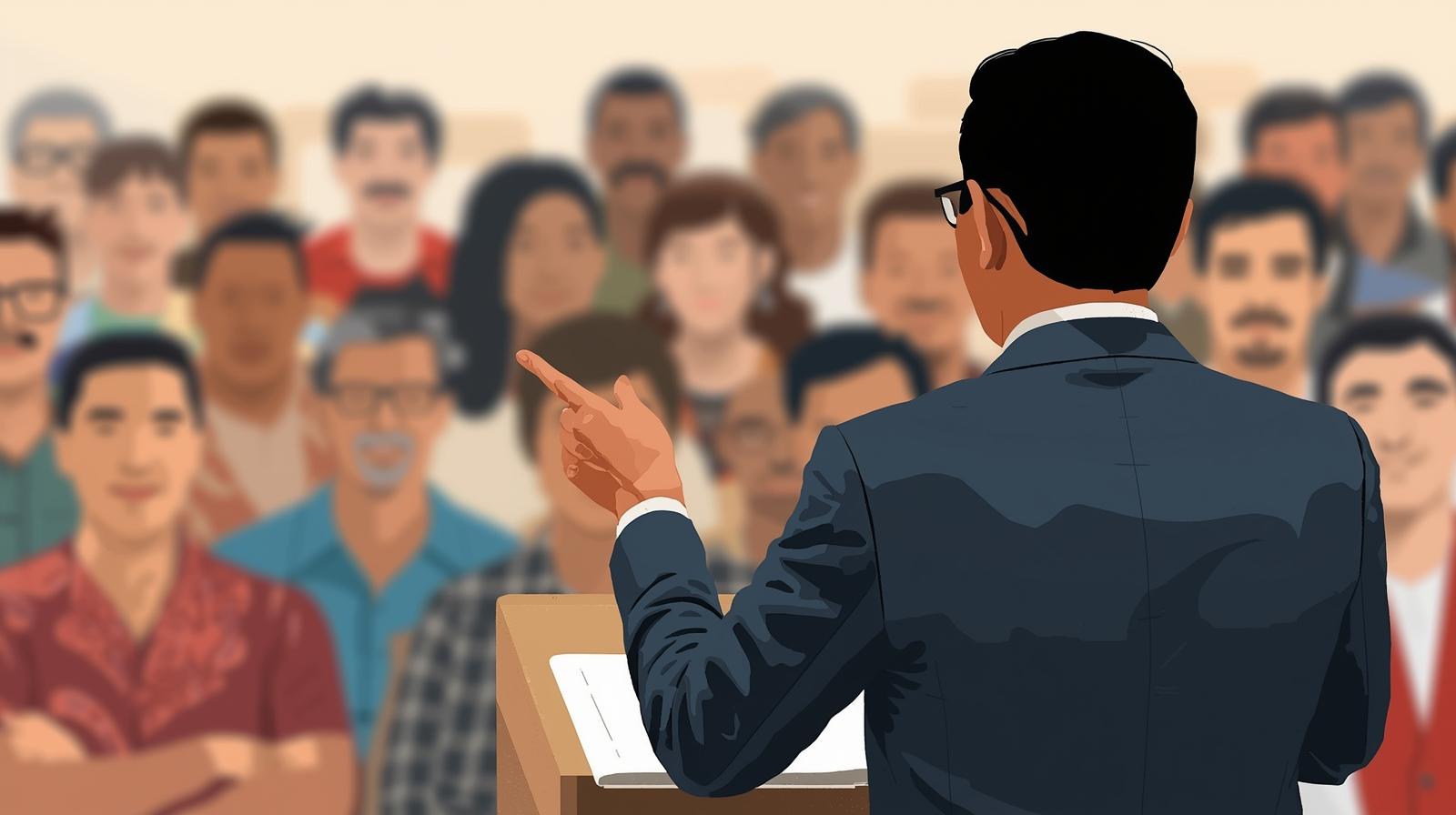 Grafik eines Mannes, der vor einer Personengruppe einen Vortag hält